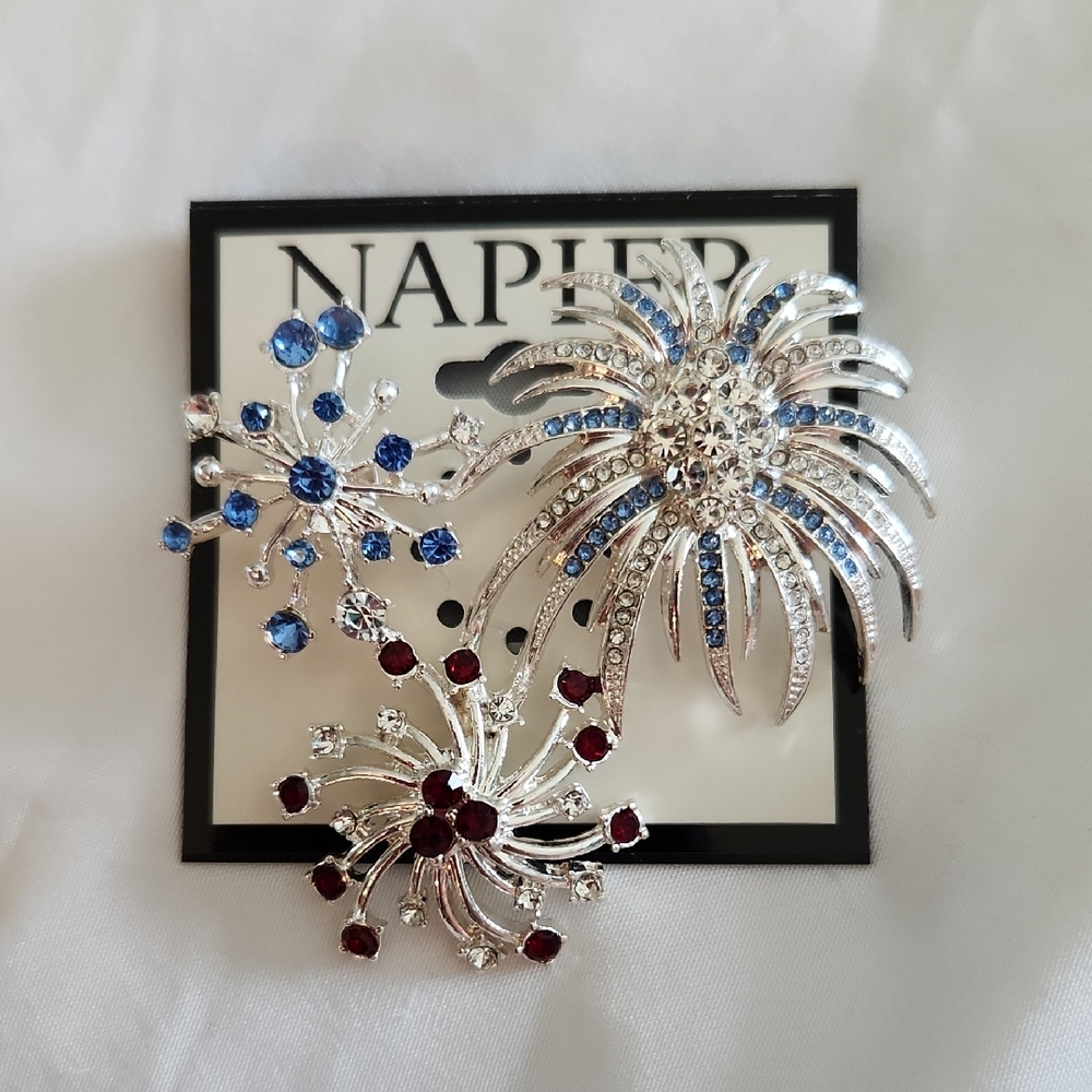 Napier Silver Brooch Firework Brooch with Blue and Red Accents
